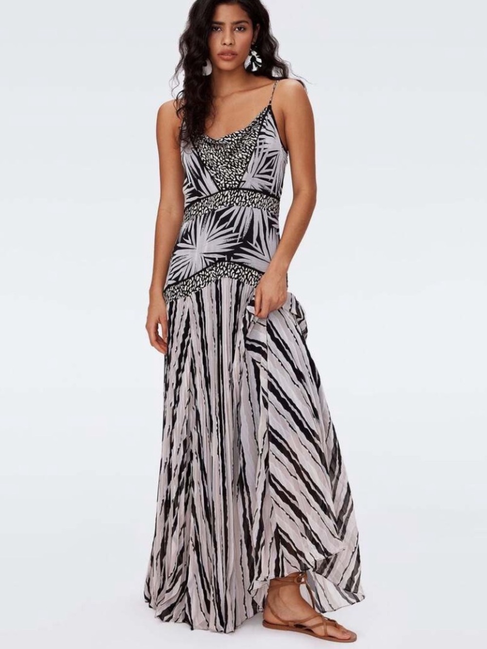 Diane Von Furstenberg Black and White Printed Spaghetti-Strap Maxi Dress